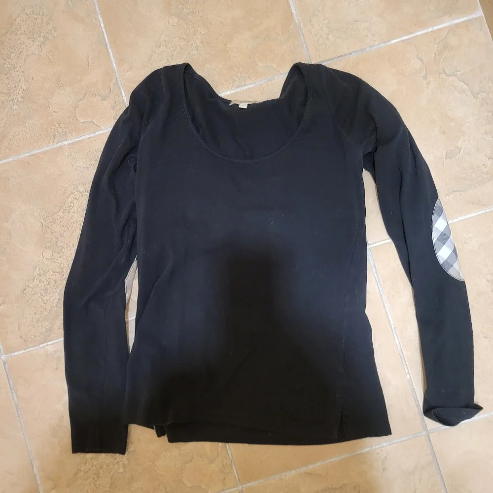 Burberry Black Knit Top w. Elbow Patches. EUC‎ M Elevated Basic Quiet Luxury - Picture 2 of 5
